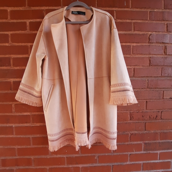 Zara Sweaters - Zara vintage fringed open cardigan or kimono faux suede and old pink size L